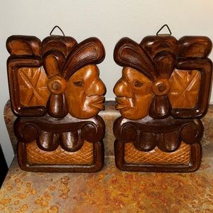 Set of 2 Warrior Head Totem Hand-carved Wood Wall Plaques Mayan Koko Warrior